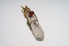 Rooster Carnelian Clear Quartz pendant shown on a white background with symbolic animal spirit design and crystal point.