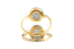 Gold Plated Labradorite Silver Ring shown on white background with rounded bezel setting and shifting gemstone flash.
