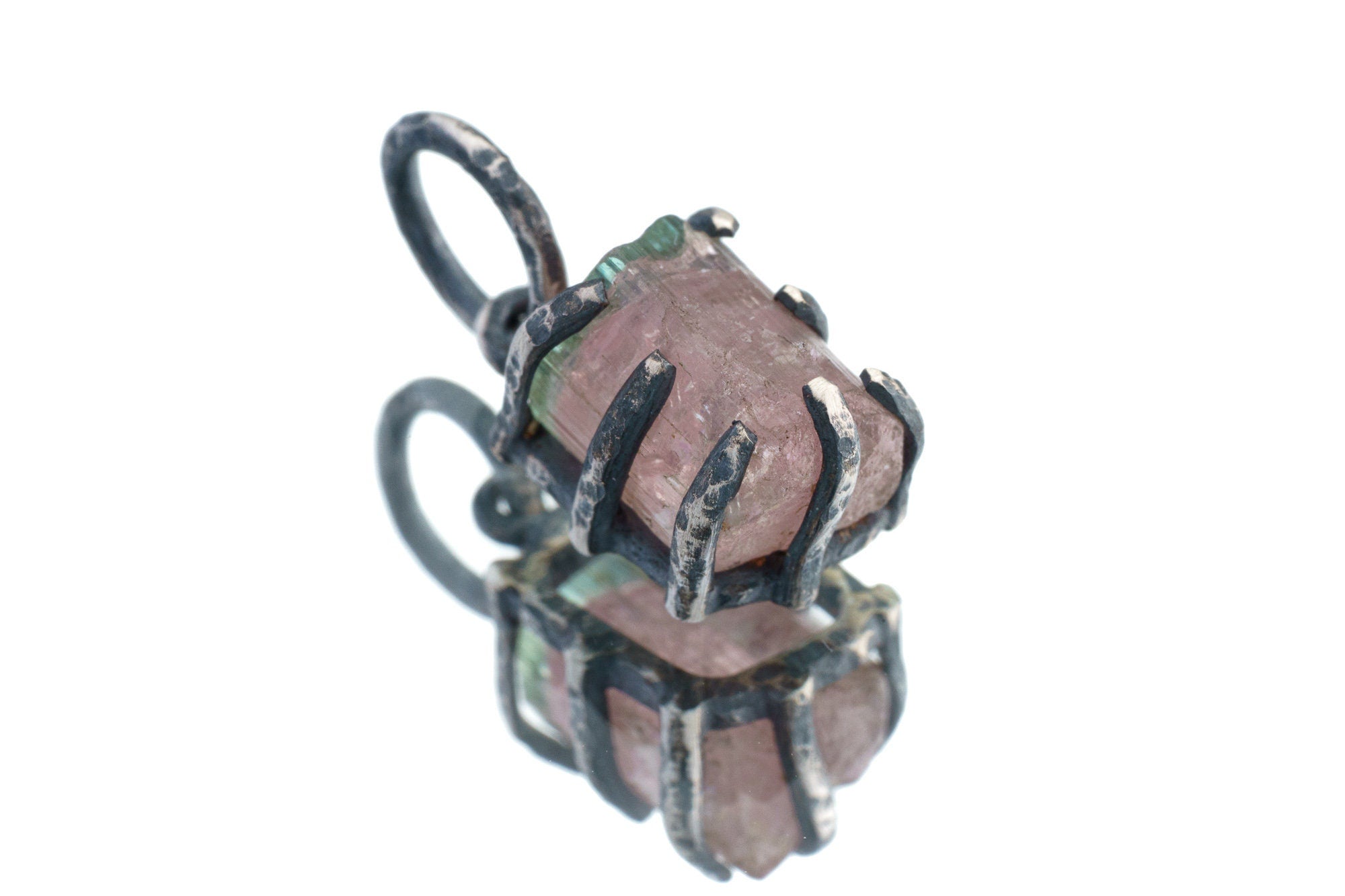 Raw Watermelon Tourmaline Pendant: Oxidized Sterling Silver Claw Setting