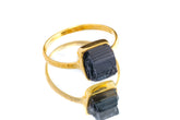 Gold-plated 925 sterling silver Tourmaline and Herkimer Diamond ring shown on a dark background with a bold black crystal setting.