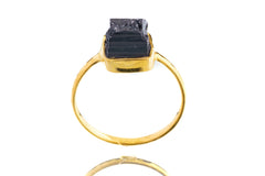 Front view of gold-plated Tourmaline Herkimer Diamond ring with dark raw crystal texture and handmade silver setting.