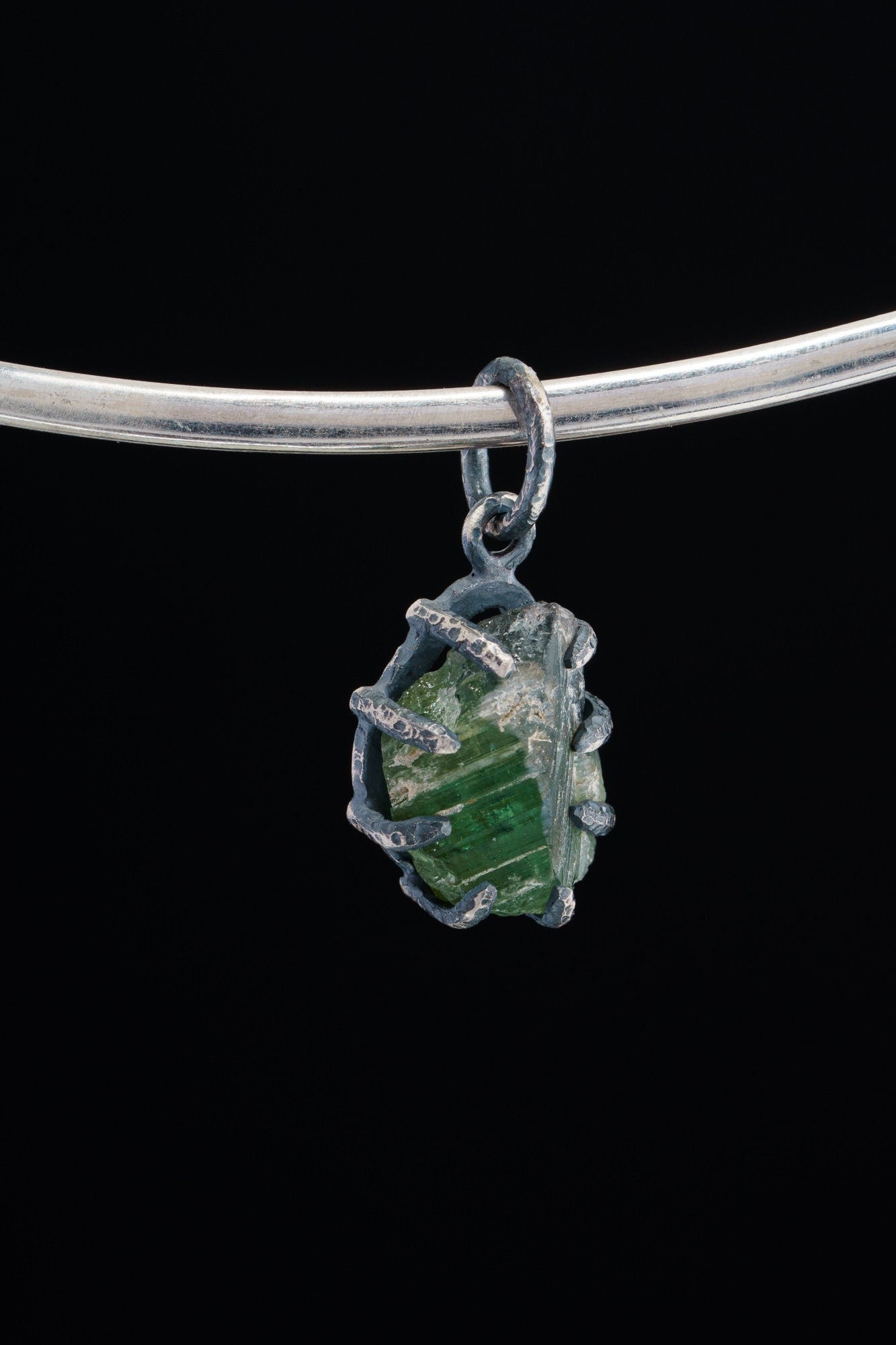 Raw Green Tourmaline Pendant: Oxidized Sterling Silver Crystal Necklace