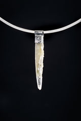 Nepal Chlorite Rutile Phantom Quartz Stack Pendant shown on black background with silver choker and clear included Quartz point.