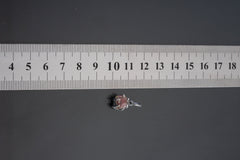 Watermelon Tourmaline pendant shown beside ruler for scale1.5cm with pink-green crystal in oxidized silver claw setting.
