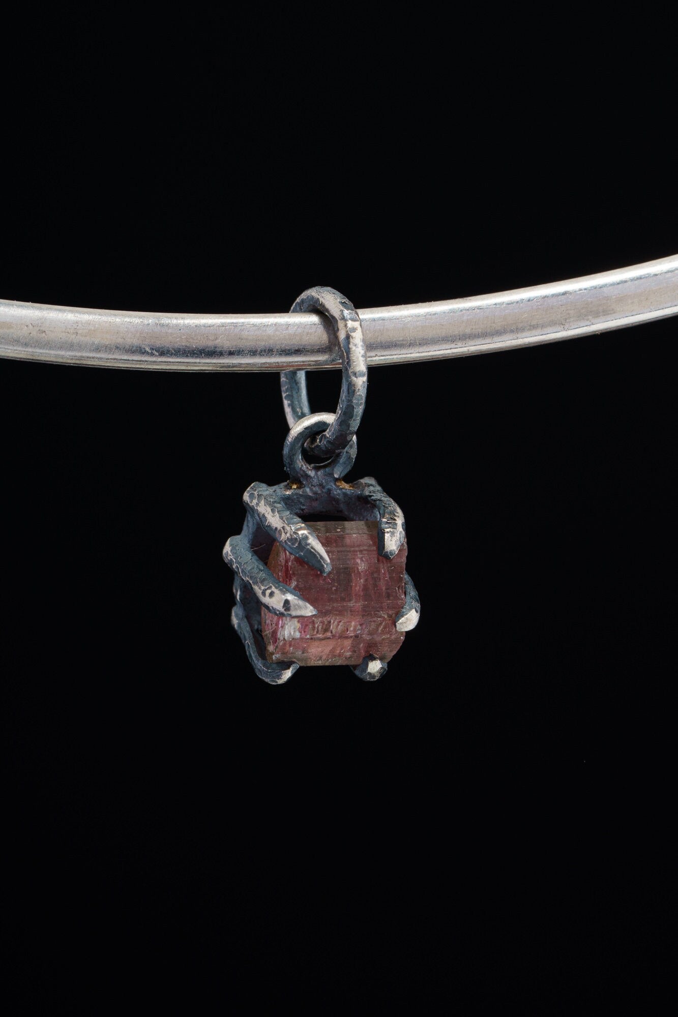 Raw Pink Tourmaline Pendant: Oxidized Sterling Silver Crystal Necklace