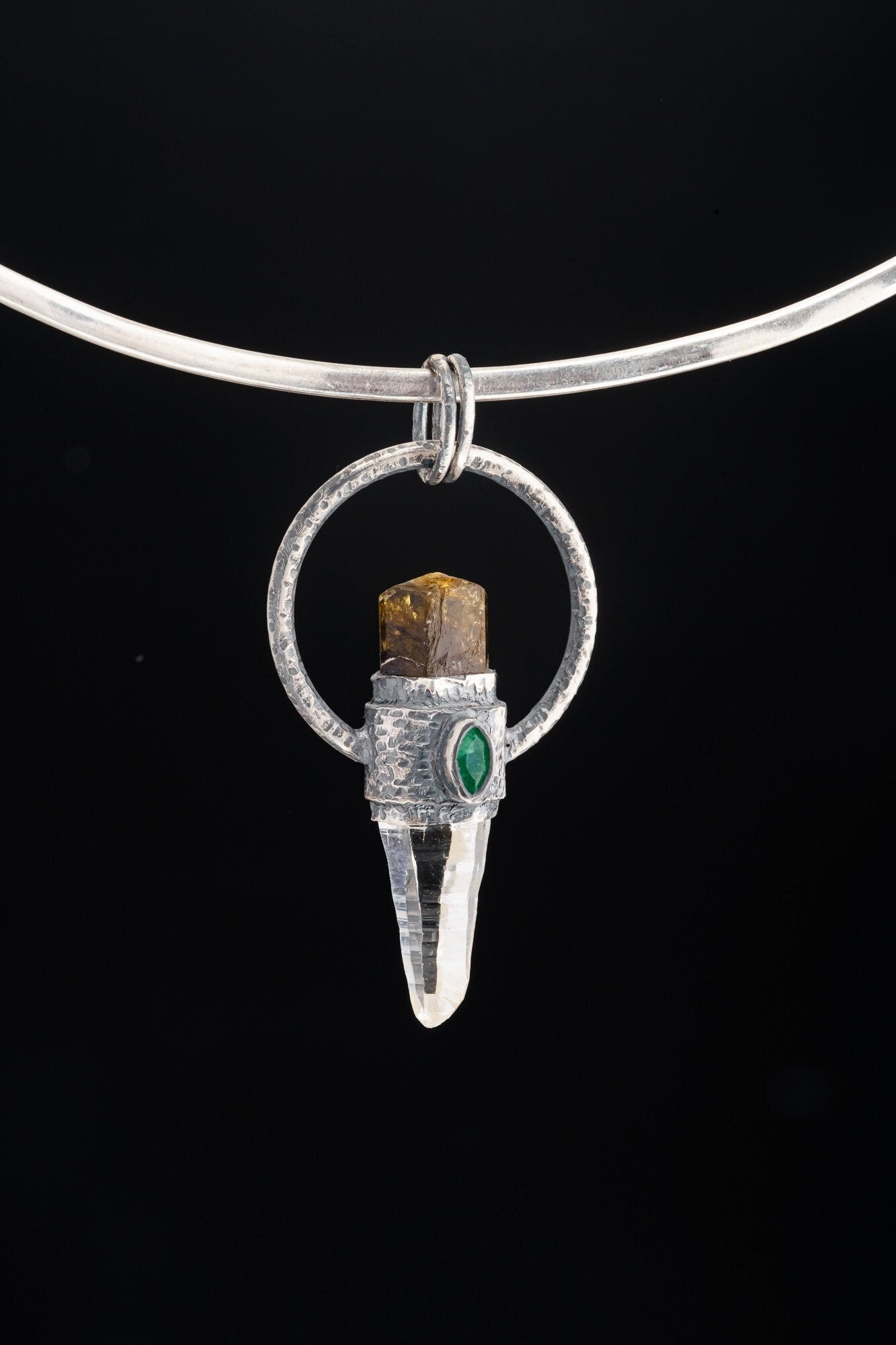 Oxidized Sterling Silver Tourmaline Emerald Quartz Pendant: Chakra Healing Necklace