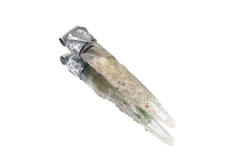 Nepal Chlorite Rutile Phantom Quartz Stack Pendant shown on white background with textured oxidized silver cap and pale included crystal.
