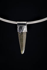 Nepal Chlorite Rutile Phantom Quartz Stack Pendant shown on black background with oxidized sterling silver cap and clear included crystal point.