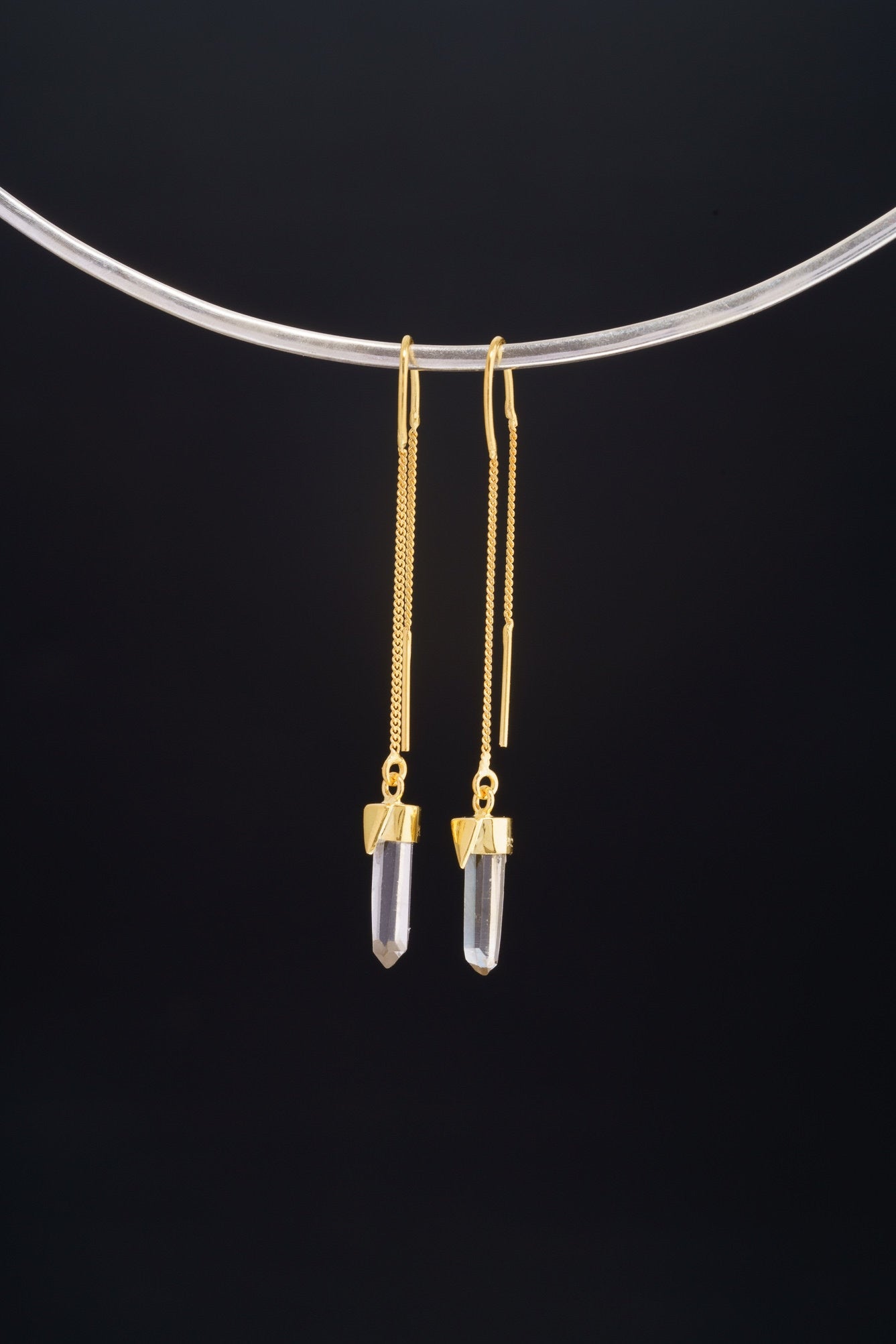 Single Himalayan Quartz gold-plated dangle earring displayed on a choker-style necklace for scale and styling.