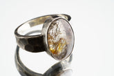 Men's / Unisex Large Crystal Ring - Rare Copper Rutile Quartz Cabochon - Size 9 US - 925 Sterling Silver - Hammer Textured & Oxidised