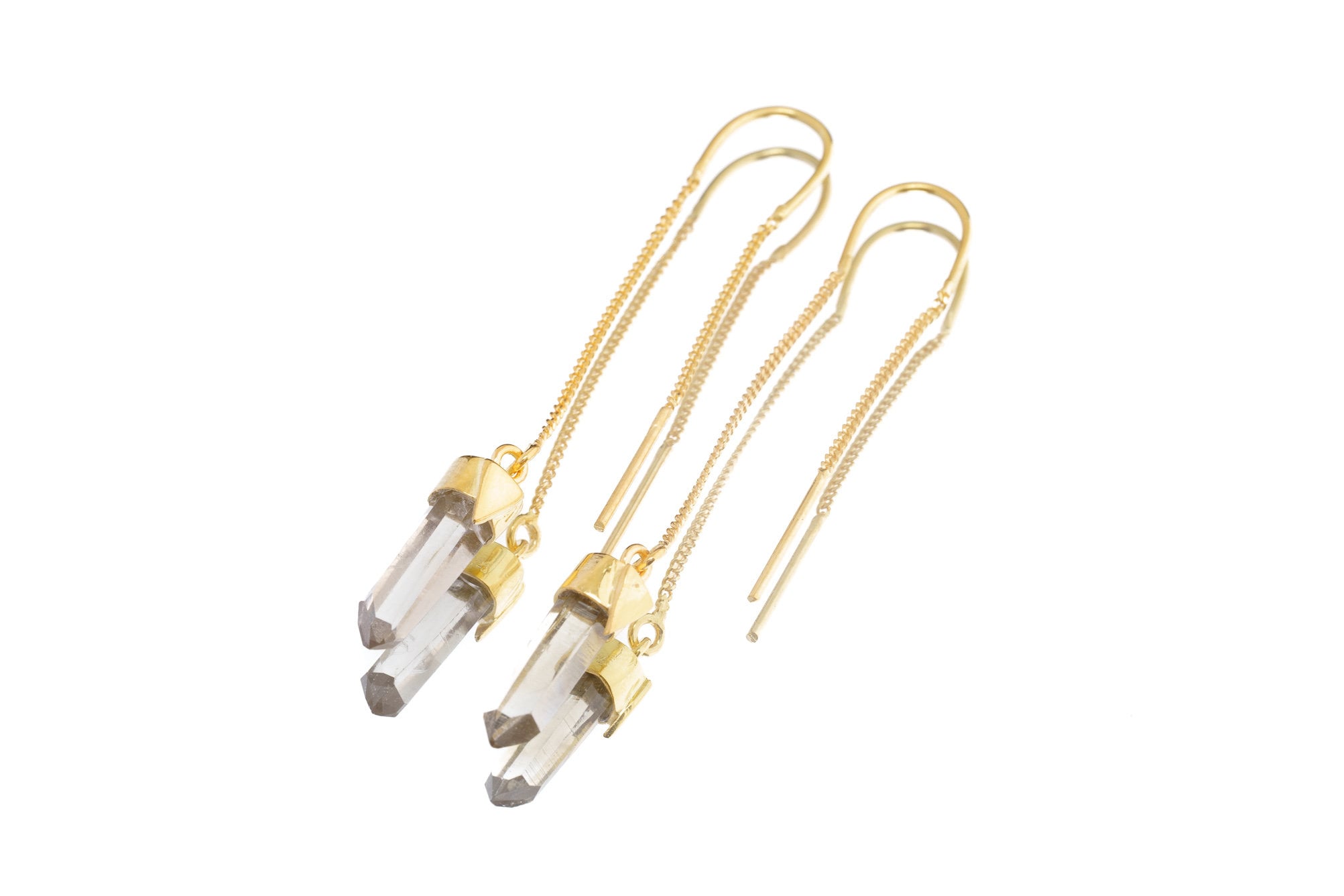 Himalayan Quartz gold-plated sterling silver dangle earring shown on white background with fine hook fitting.