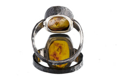 Amber Mens Ring 925 Sterling Silver Oxidized Hammered Band Solar Plexus Sacral Throat Chakra Leo Gift Size 14