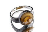Fossil Shell ring in oxidized 925 sterling silver with hammered texture, open-back bezel, and ancient ocean patterning.