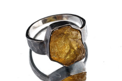 Raw Citrine Quartz Sterling Silver Ring - Hammered Oxidized Band, Size 14 1/2