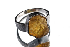 Front view of Citrine oxidized silver ring showing golden yellow quartz and strong hammered sterling silver profile.