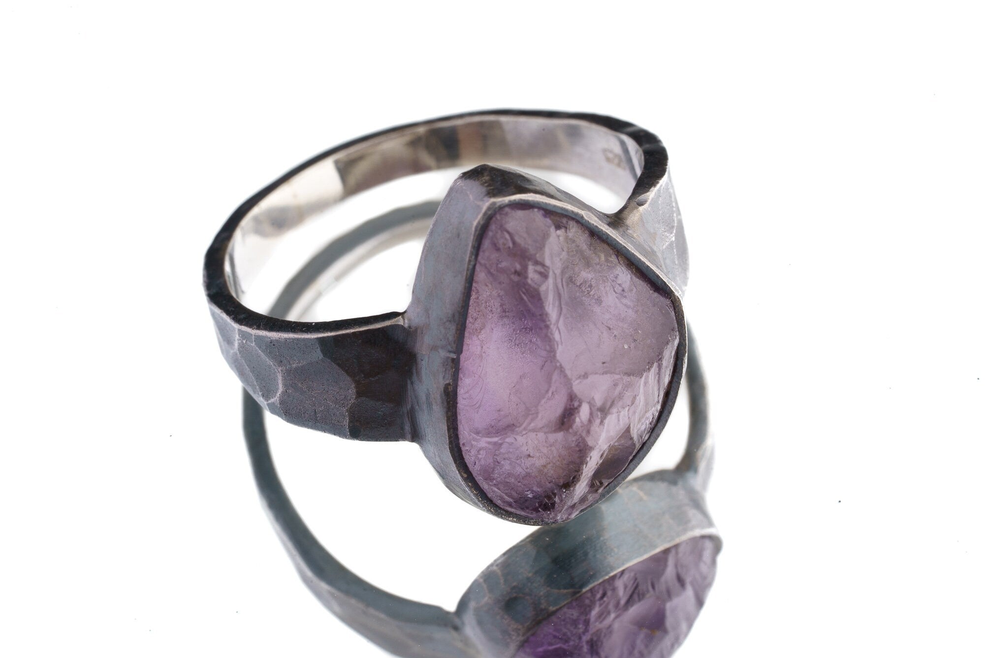 Raw clean Amethyst Chunk - Men's/Unisex Large Crystal Ring - Size 13 US - 925 Sterling Silver - Hammer Textured & Oxidised