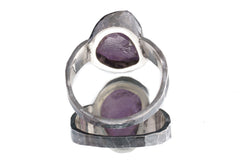 Back view of Amethyst ring showing open-back bezel construction and hammered oxidized sterling silver band.