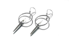 Sterling Silver Hoop Hook Dangle Earrings with Himalayan Double Terminated Chlorite Phantom Quartz Circle Portal Setting Oxidized & Textured