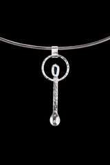 Blue Apatite silver ritual spoon displayed on a choker, showing wearable talisman styling and spoon form.