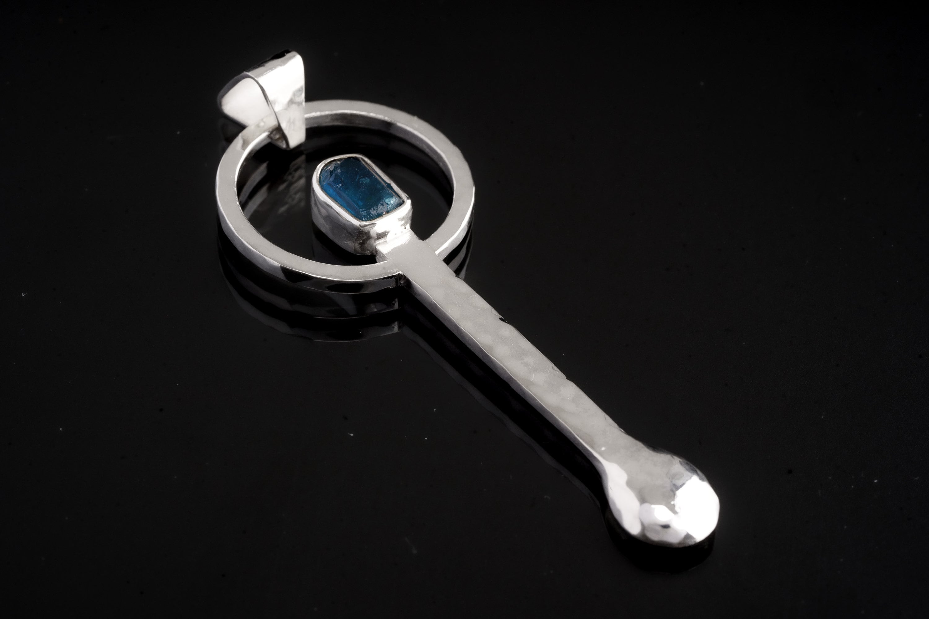Blue Apatite Spoon Pendant: Hammered Sterling Silver Necklace