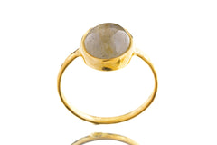Side view of Labradorite ring showing the raised polished stone, gold-plated sterling silver band, and handmade setting.