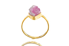 Mostly Pink Watermelon Tourmaline - Size 6 US - Gold Plated 925 Sterling Silver - Thin Band Hammer Textured