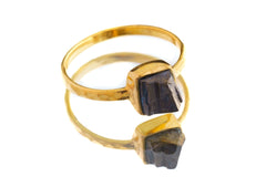 Front view of handmade gold-plated Pyrite ring with metallic Fool Gold stone and polished sterling silver band.