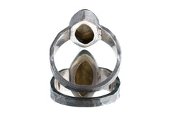 Back view of Labradorite ring showing open-back bezel construction and hammered oxidized sterling silver band.