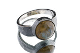 Labradorite hammered ring in oxidized 925 sterling silver with open-back bezel and shifting smoky-gold flash.