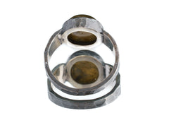 Back view of Labradorite ring showing open-back bezel construction and rugged oxidized sterling silver band.