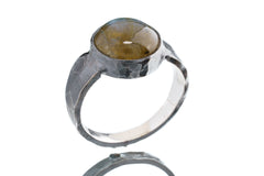 Side view of Labradorite hammered ring showing oxidized sterling silver texture, raised bezel, and strong men’s profile.