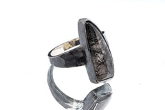 Black Rutile Quartz Ring: Hammered Oxidized Sterling Silver, Size 12