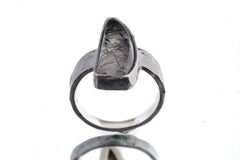 Front view of Rutilated Quartz ring showing needle-like inclusions and strong oxidized sterling silver profile.