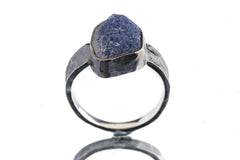 Front view of Dumortierite ring showing deep blue mineral stone and oxidized sterling silver setting.