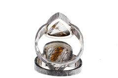Back view of Rutilated Quartz ring showing open-back bezel construction and rugged hammered sterling silver band.