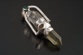 Two Sided Crystal Spinner Pendant shown on black background with high-polish sterling silver and mixed gemstone construction.