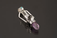 Raw Aquamarine Amethyst Point Sterling Silver Pendant: Turquoise Labradorite Apatite Accent