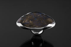 Large Labradorite Silver Ring 925 Adjustable Textured Band Blue Green Flash Waved Bezel Jewelry Gift