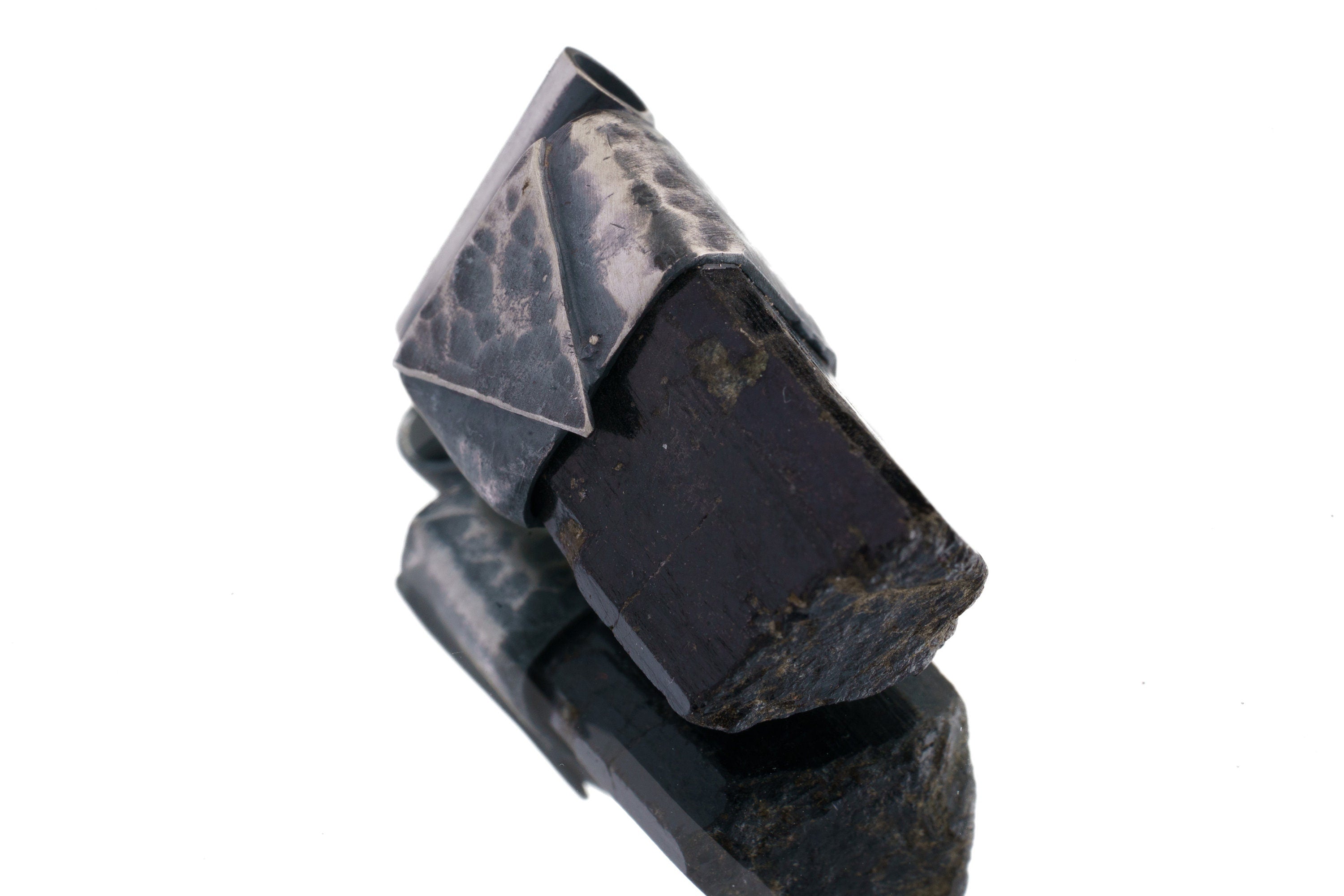 Himalayan Dravite Tourmaline Stack Pendant shown on a light background with oxidized sterling silver cap and dark terminated crystal.