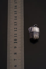 Close-up of terminated Himalayan Dravite Tourmaline in a handmade oxidized sterling silver Stack Pendant cap.