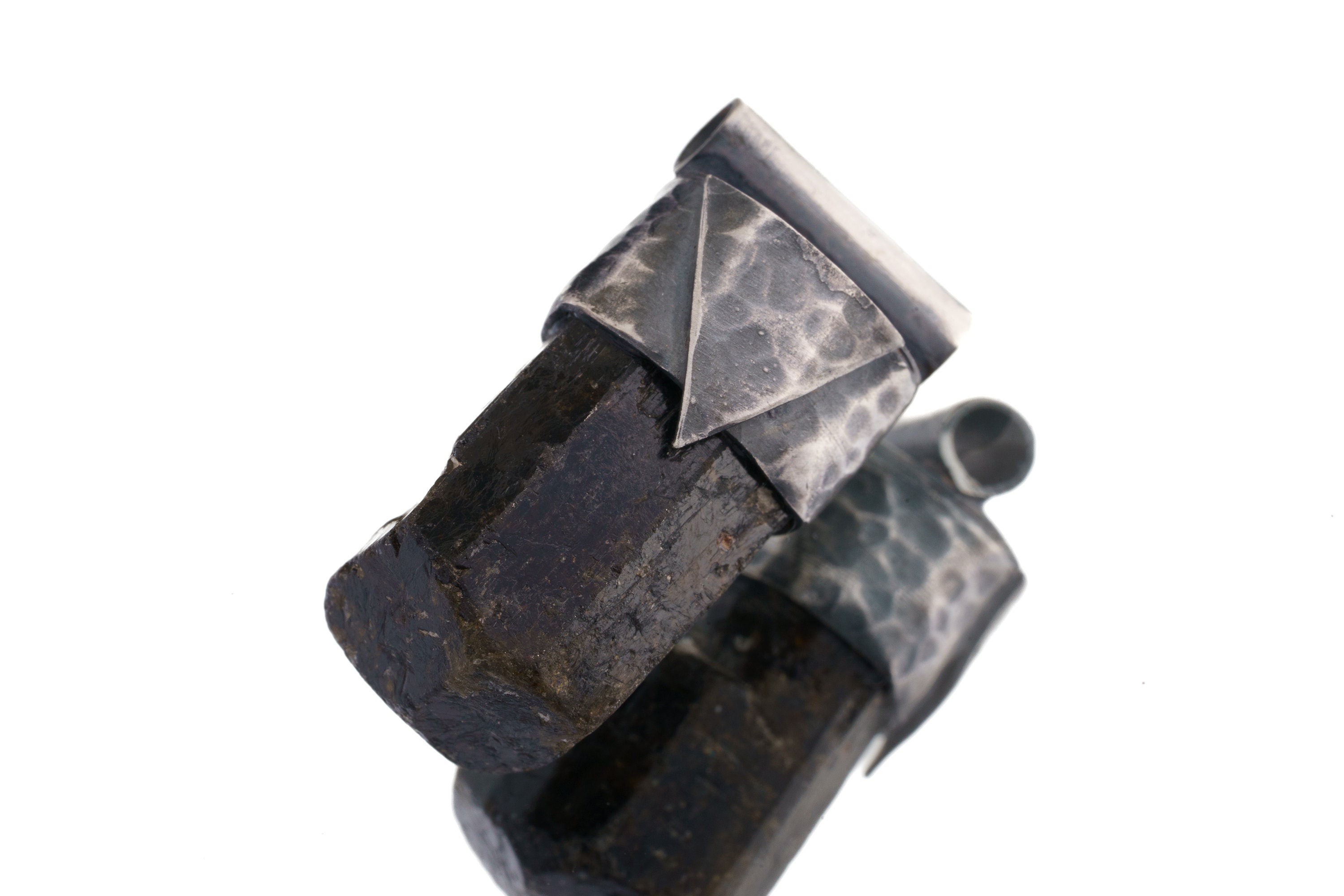 Himalayan Dravite Tourmaline Stack Pendant shown on a light background with oxidized sterling silver cap and dark brown crystal.