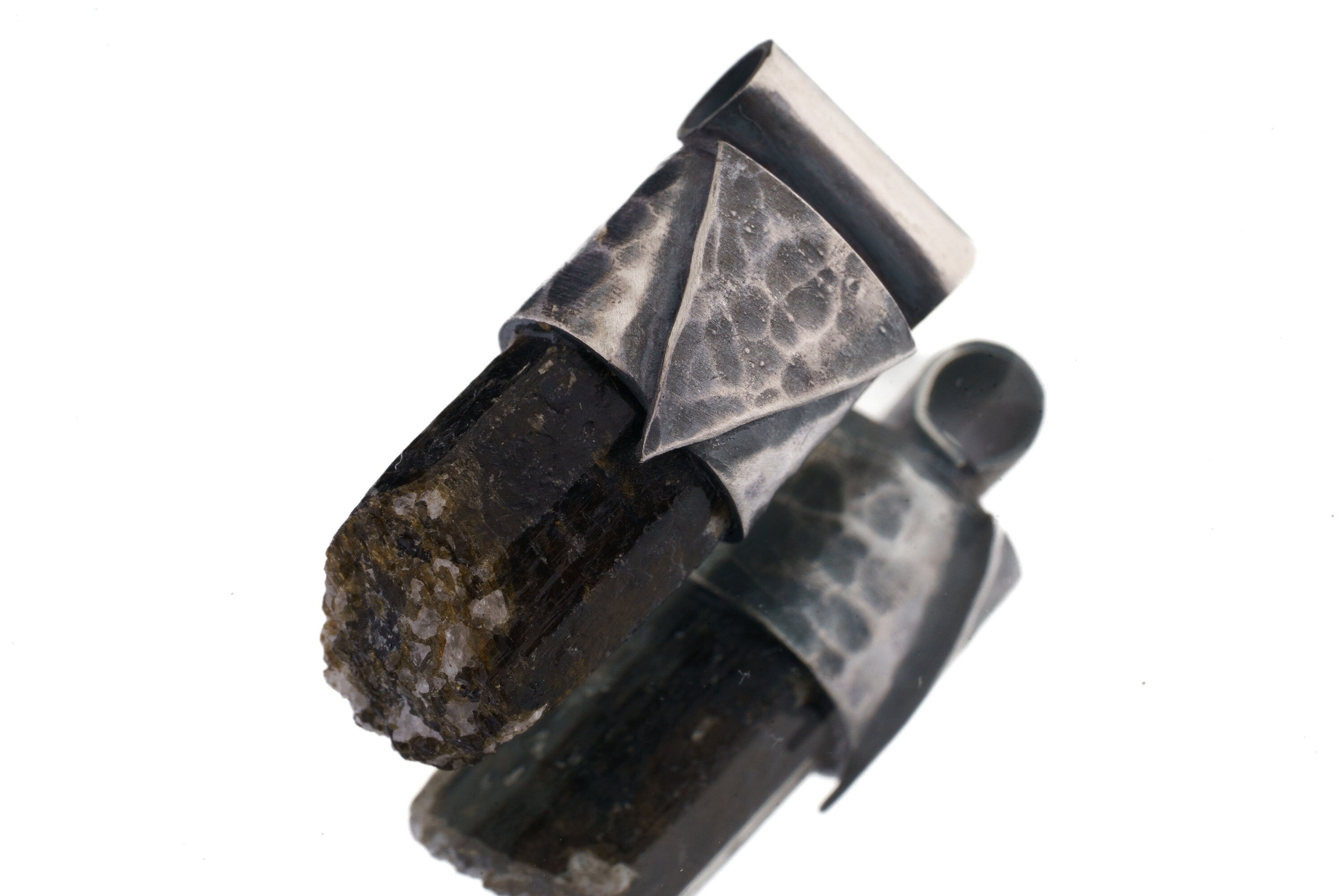 Himalayan Dravite Tourmaline Stack Pendant shown on white background with smoky brown-black crystal and oxidized silver cap.