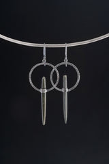 Sterling Silver Hoop Hook Dangle Earrings with Himalayan Double Terminated Chlorite Phantom Quartz Circle Portal Setting Oxidized & Textured