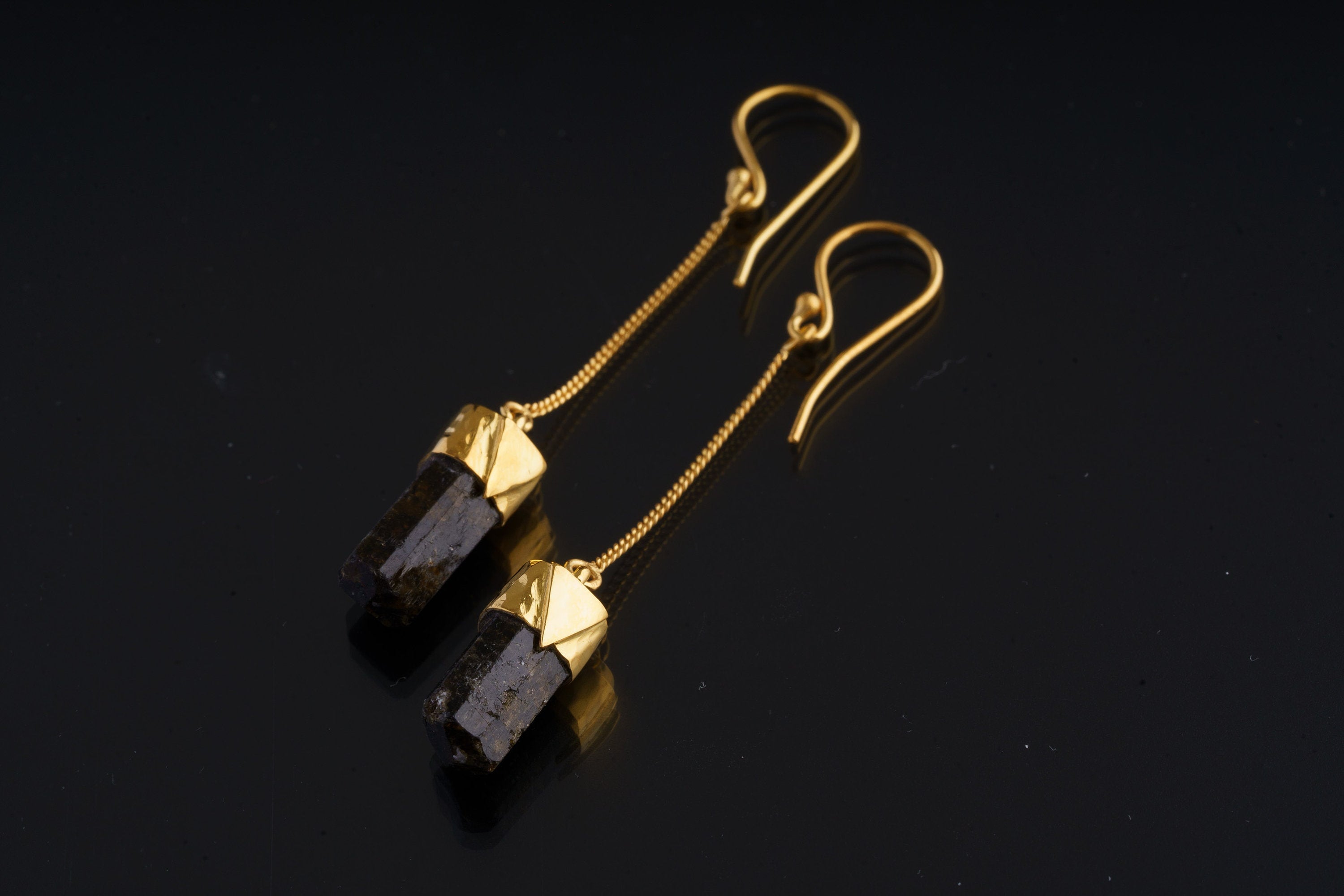 Himalayan Dravite Tourmaline earrings in gold-plated 925 sterling silver with double-terminated brown crystal dangles.