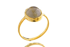 Front view of gold-plated Labradorite ring showing smoky grey gemstone and handmade sterling silver setting.