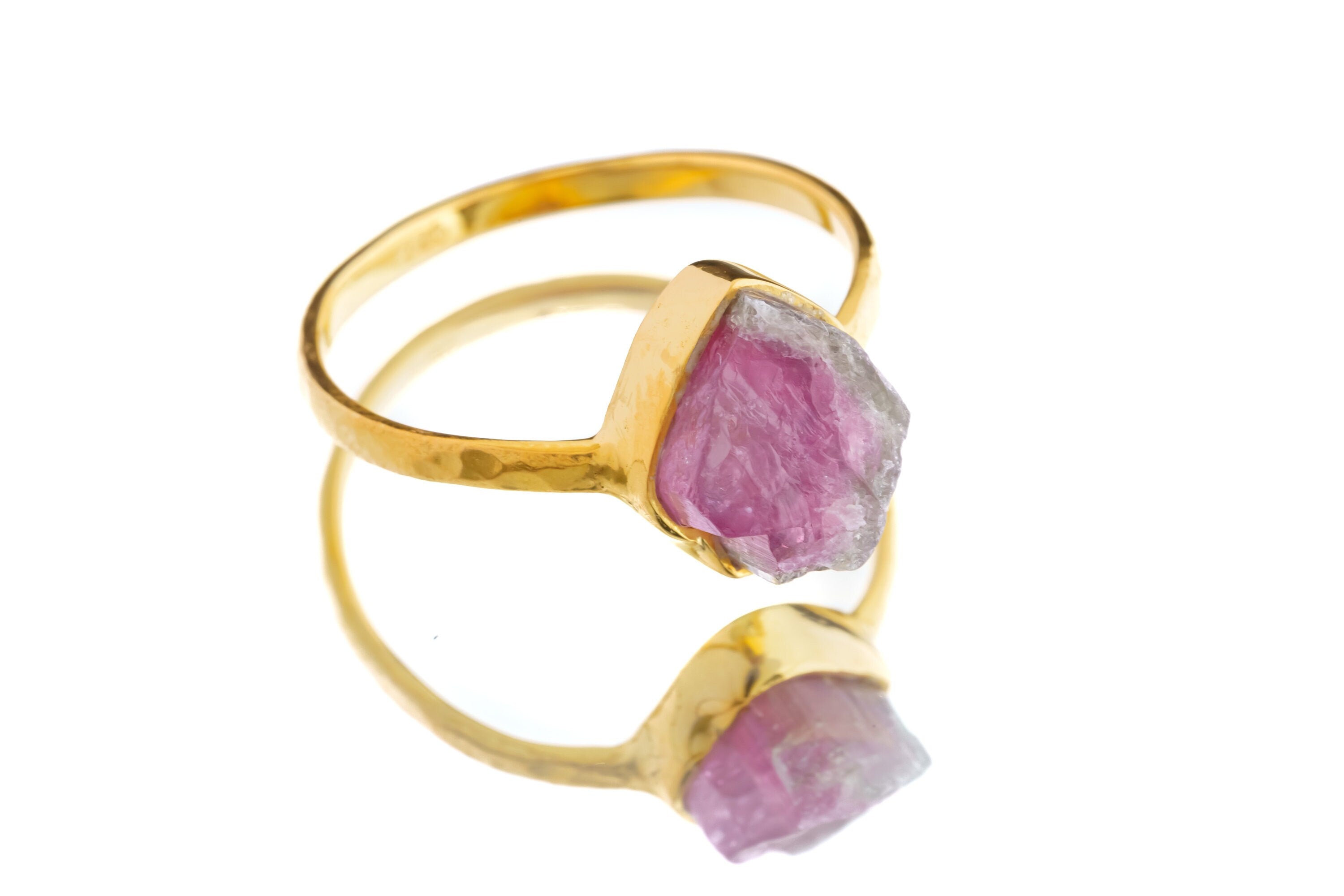 Gold-plated 925 sterling silver Watermelon Tourmaline ring shown worn on the hand, with pink green crystal colour zoning.