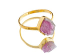 Gold-plated 925 sterling silver Watermelon Tourmaline ring shown worn on the hand, with pink green crystal colour zoning.