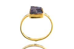 Front view of handmade gold-plated Pyrite ring showing dark metallic Fool Gold texture and warm polished silver setting.