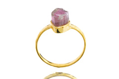 Front view of gold-plated Watermelon Tourmaline ring with pink green gemstone and warm handmade silver band.