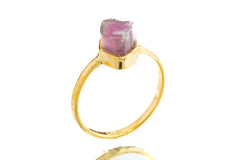 Mostly Pink Watermelon Tourmaline - Size 5 1/2 US - Gold Plated 925 Sterling Silver - Thin Band Hammer Textured